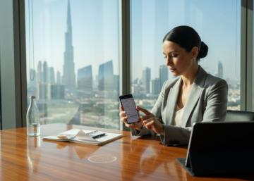 Web Design Dubai 5 Dubai business owner uses mobile app in office