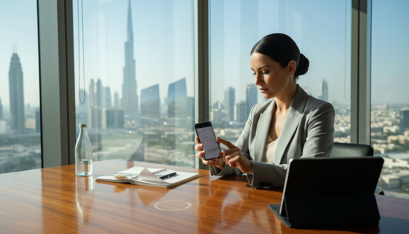 Web Design Dubai 1 Dubai business owner uses mobile app in office
