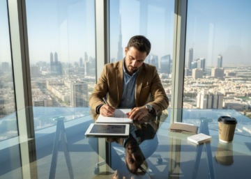 Entrepreneur planning e-commerce site with Dubai skyline