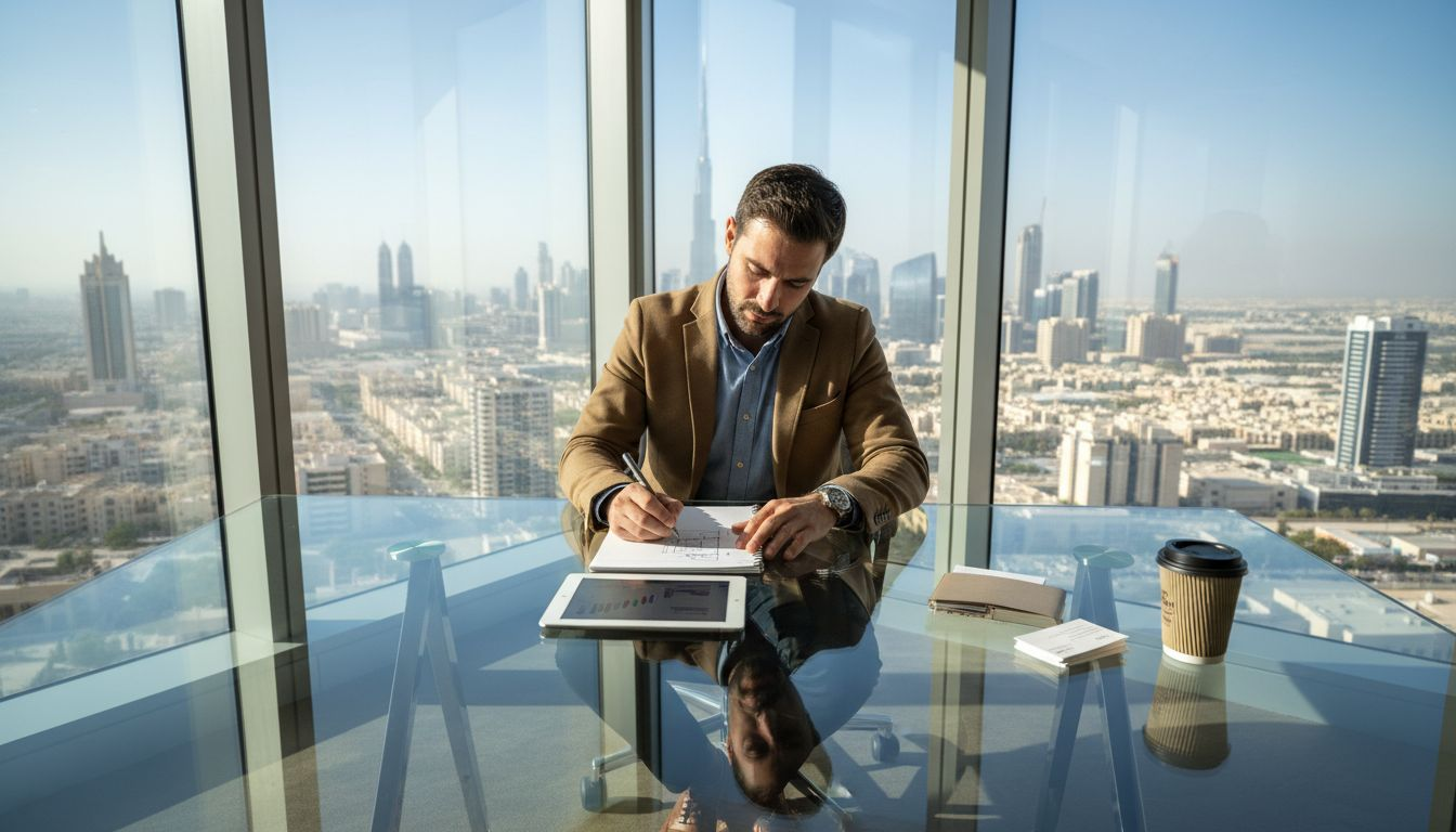 Web Design Dubai 1 Entrepreneur planning e-commerce site with Dubai skyline